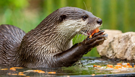 Otter in the water with a piece of carrot in its mouthの素材
