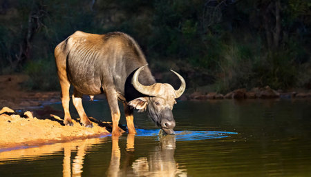 Wild buffalo drinking water in Kruger National Park, South Africa ; Specie Syncerus caffer family of Bovidaeの素材