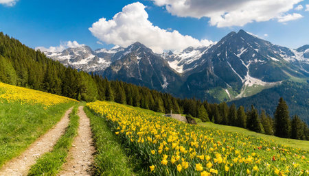 Dirt road through the meadow with yellow daffodils and mountains in the backgroundの素材