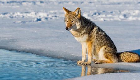 A black-backed jackal (Canis mesomelas) sitting on a frozen lakeの素材