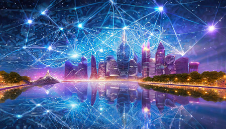 Modern city and network connection concept. 3D Rendering Elements of this image furnished by NASAの素材