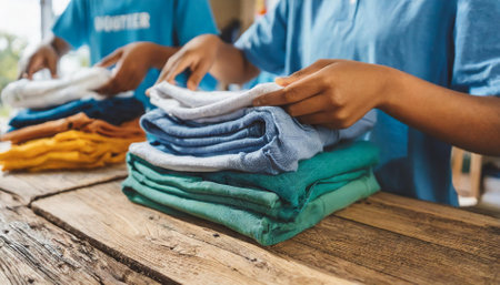 Closeup of a man's hands holding a stack of clothes.の素材