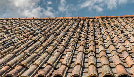 Old tiled roof with blue sky background. Tuscany, Italyの素材