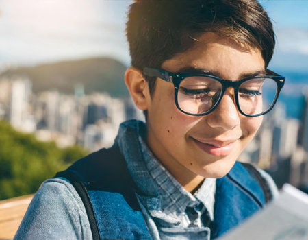 Portrait of a young man in glasses on the background of the cityの素材