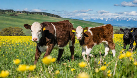 Three cows in a meadow with yellow buttercups and mountains in the backgroundの素材