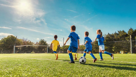 Children playing soccer on the field. Selective focus. Kid.の素材
