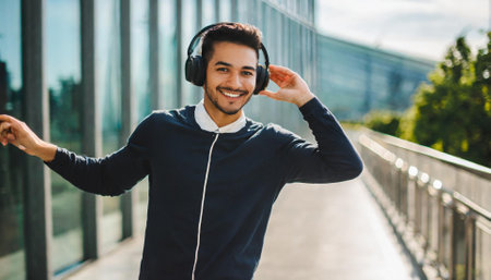 Young man listening to music with headphones in the city. Smiling and looking at camera.の素材