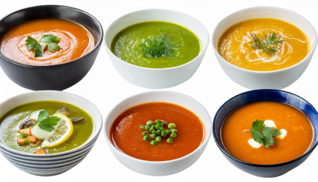 collection of various soups in bowls on white background. each one is shot separatelyの素材