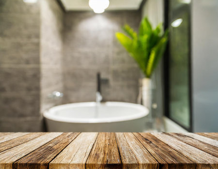 Empty wood table and blurred bathroom interior background, product display montageの素材