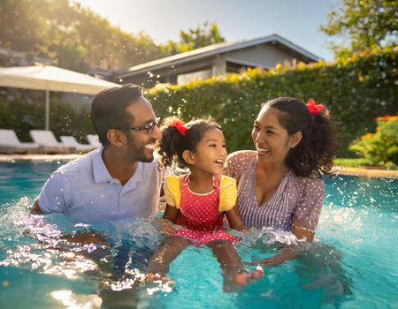 Portrait of happy family having fun in swimming pool on a sunny dayの素材