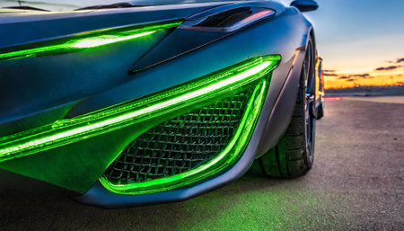 Close-up of a sports car with green led lights on the roadの素材