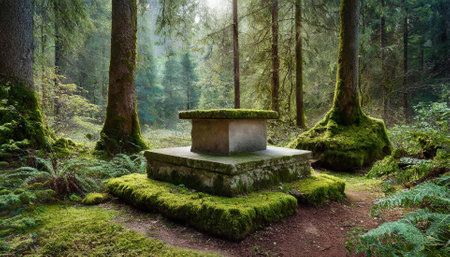 Old stone bench in a green forest with moss and fernsの素材