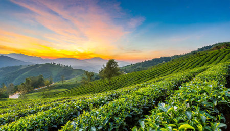 Tea Plantation at Sunrise, Chiang Rai Province, Thailand.の素材