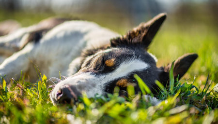 Portrait of a black and white dog lying on the green grassの素材