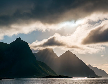 Sunset over the fjord in Lofoten islands, Norwayの素材