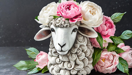 Sheep head with pink and white peony flowers on black backgroundの素材
