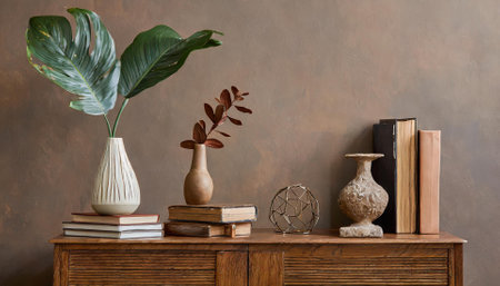 Bookshelf with books and plant in vase on brown wall backgroundの素材