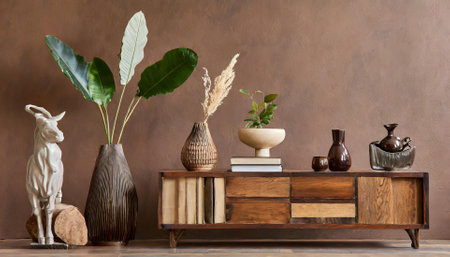 Interior design with wooden commode, plants and vases.の素材