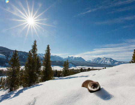 Mink in the snow on a background of mountains and blue skyの素材