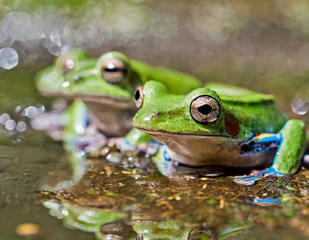 Two European tree frogs (Hyla arborea) sitting in waterの素材