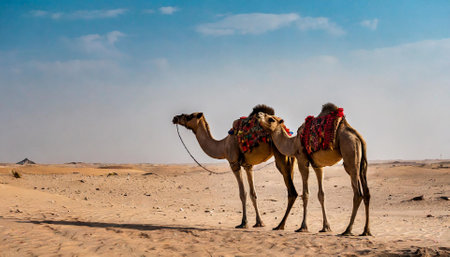 Camels in the Sahara desert, Morocco, Africa. Camels in the Sahara desert.の素材
