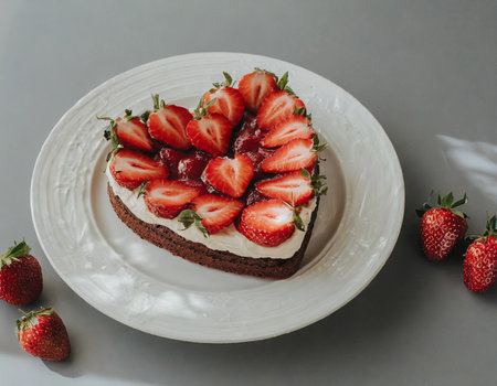 Chocolate cake with strawberries on a white plate, gray background.の素材