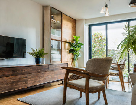 Interior of modern living room with wooden furniture and green plants. Nobody insideの素材
