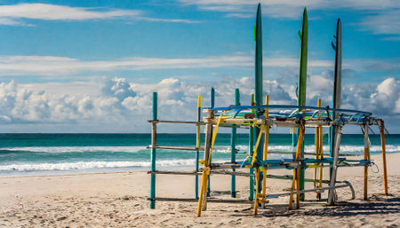 Surfboards on the sandy beach of the Caribbean island of Barbadosの素材