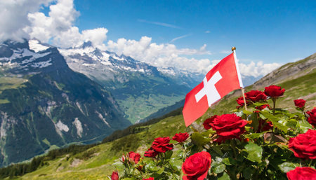 Swiss flag on the background of the Swiss Alps. Switzerland.の素材