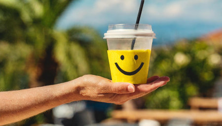 smiling man holding a cup of smoothie with a smiley faceの素材