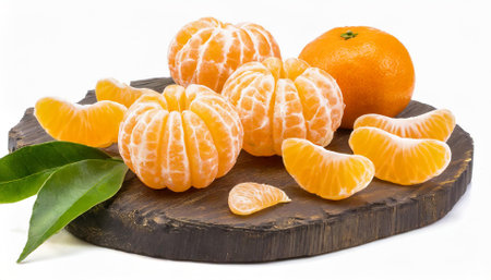 Ripe tangerines with leaves on a wooden board on a white backgroundの素材