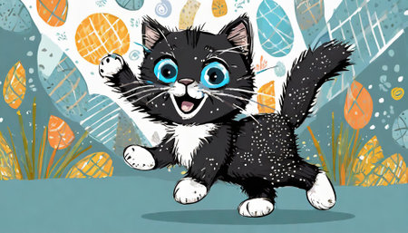 Cute cartoon black cat with blue eyes. Vector illustration for your designの素材