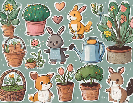 Cute cartoon animals and plants in pots. Hand drawn vector illustration.の素材