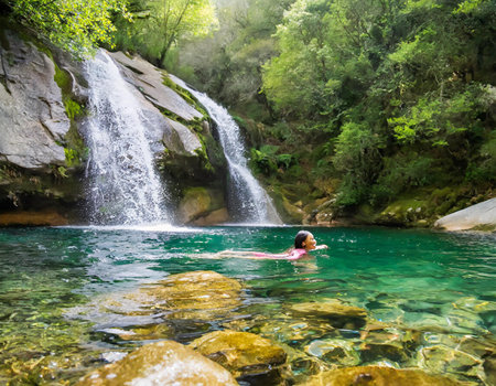 Young woman swimming in a waterfall in the Plitvice Lakes National Park in Croatiaの素材
