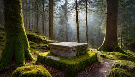 Old stone bench in the forest with moss and fog in the backgroundの素材