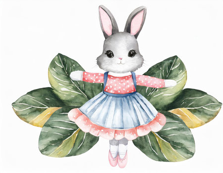 Watercolor illustration of a cute little rabbit in a dress on a white backgroundの素材
