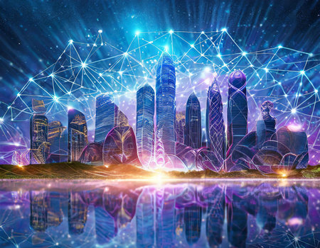 Modern cityscape at night and digital connection lines concept. 3D renderingの素材