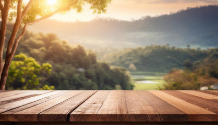 Empty wooden table and blurred background of nature landscape. For product displayの素材