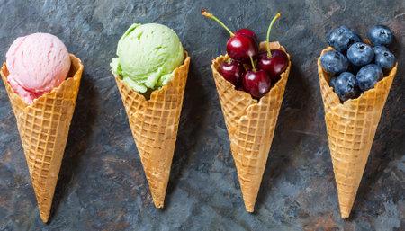Ice cream scoops in waffle cones with berries and cherriesの素材