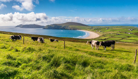 Panoramic view of Cows grazing on a grassy meadow on the north coast of Irelandの素材