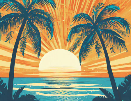 Tropical sunset and palm trees on the beach. Vector illustrationの素材