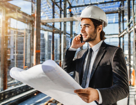 Architect in suit and helmet holding blueprint and talking on mobile phone at construction siteの素材