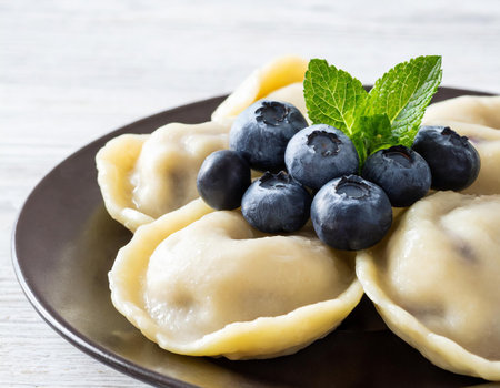 Russian dumplings - pelmeni with blueberries on a plateの素材