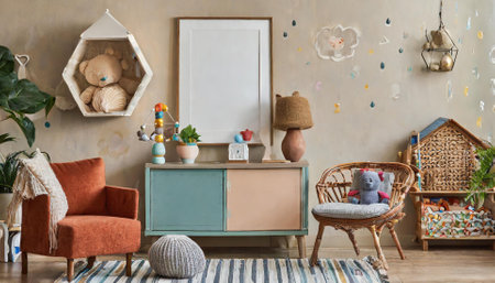Interior of a children's room with a sofa and a chest of drawersの素材