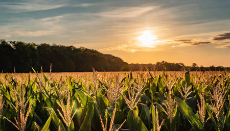 Agricultural field with corn at sunset. Beautiful summer landscape.の素材