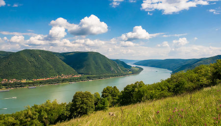 Panoramic view of the Danube river in Serbia, Europeの素材