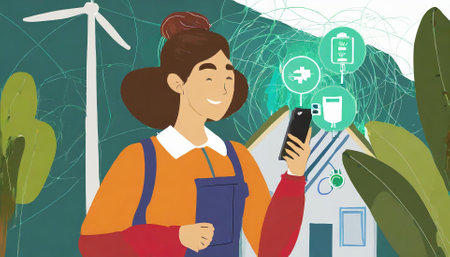 Vector illustration of a young woman with a smartphone in her hands.の素材
