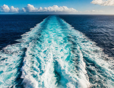 Wake of the ship from the cruise ship in the sea.の素材