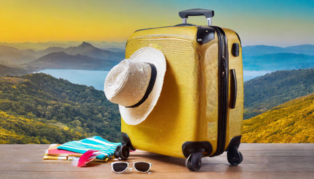 Suitcase with hat and sunglasses on the background of mountains.の素材