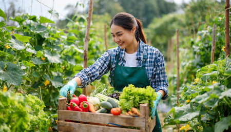 Portrait of a young female gardener holding a crate with fresh vegetablesの素材